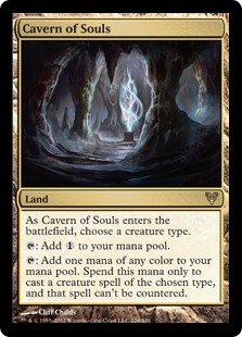 Cavern of Souls
 As Cavern of Souls enters the battlefield, choose a creature type.
{T}: Add {C}.
{T}: Add one mana of any color. Spend this mana only to cast a creature spell of the chosen type, and that spell can't be countered.
